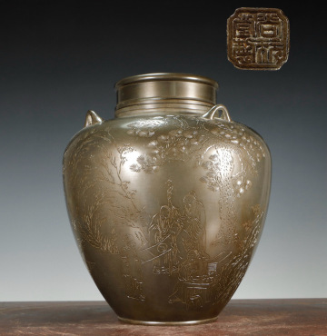 『古』【尚玩堂 造 錫制 茶葉罐】重量2500g 古錫斑 山水 詩文彫刻 茶道具 時代物 茶筒 茶入 高仕図 仕女図 錫 茶叶罐 古錫 