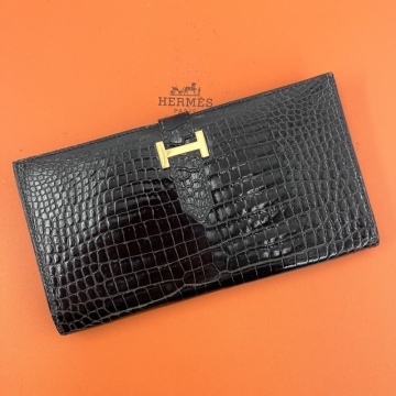【極美品 ポロサス 】エルメス HERMES ベアン スフレ 長財布 クロコダイル アリゲーター 黒 ゴールド金具 ●ポロサス刻印 1円~メンズ