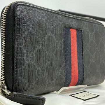 ■美品■ GUCCI グッチ 長財布 メンズ ビジネス ラウンドファスナー シェリーライン シマ PVC レザー 本革 ブラック 小銭入れ レディース