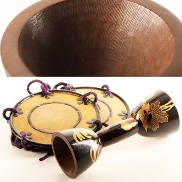 【流】時代和楽器 鉋目彫 蒔絵 鼓 皮付 HE329