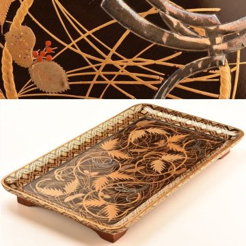 【流】木製漆器 本金高蒔絵 幾何学紋羊歯蒔絵上手香盆 DK800