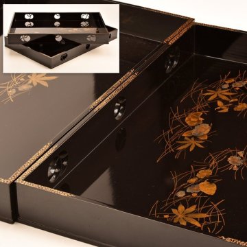 【流】木製漆器 時代 つぼつぼ透し研出蒔絵長方盆 大小 箱付 DK802
