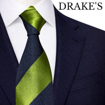 DRAKE'S ドレイクス　ネクタイ　スーツ　ストライプ　レジメンタル　ネイビー　グリーン　紺　緑　ジャガード　光沢　シルク　ブランド