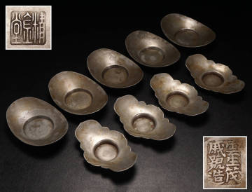 【茶の器特集】NS05◆煎茶道具 精金堂 造 錫製 小判形 茶托 5客 雲生茂戚號造 錫製 木瓜形 茶托 4客◆茶器 古錫 唐物 古美術