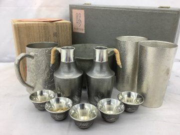 能作/三越製他 錫製品まとめ/ジョッキ/酒器/タンブラー キズや汚れ等有/箱記念名有/総重量1770ｇ/ACB 中古品
