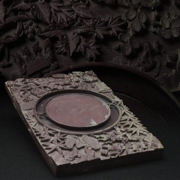 ZN527 朝鮮美術 李朝時代 李朝 渭原石 渭原端渓 吉祥図 大硯 縦30.5cm / 重4.1kg 木箱付・朝鮮硯・古硯 朝鮮古美術 書道具