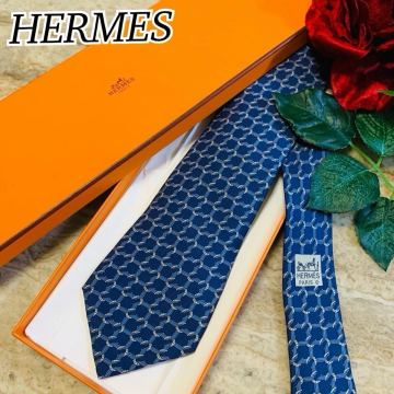 N662 HERMES エルメス 正規品 人気 定番 総柄 チェーン柄 ネクタイ 高級 光沢 フランス製 シルク フォーマル 上品 ビジネス メンズ 送料込