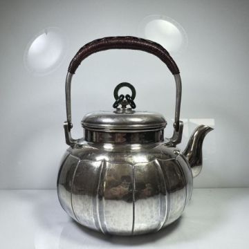 純銀製 一晃斎造 三連環貴石摘 湯沸 煎茶 銀瓶 古美術品 やかん 純銀保証