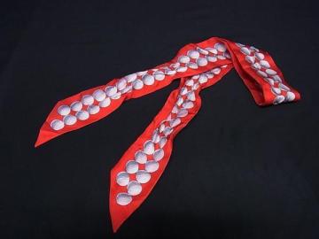 1円 ■美品■ HERMES エルメス ツイリー シルク100% ゴルフボールモチーフ リボンスカーフ レディース レッド系&times;ホワイト系 HA4746