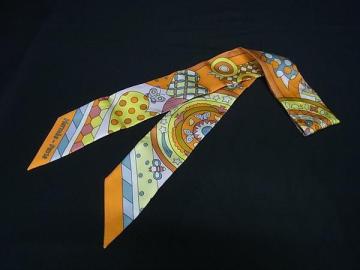 1円 ■極美品■ HERMES エルメス Les Murmures De La foret【森のささやき】ツイリー シルク リボンスカーフ オレンジ系 HA5140