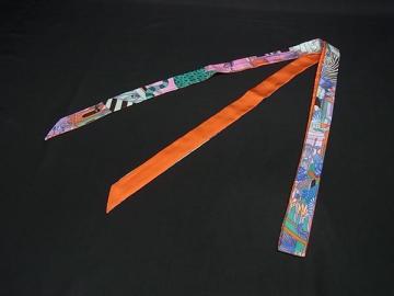 1円 ■極美品■ HERMES エルメス ANIMAPOLIS 【アニマポリス】 シルク100% ツイロン リボンスカーフ レディース オレンジ系 GA9672