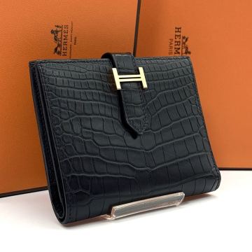 定価230万円◆最高峰品◆HERMES エルメス ベアンコンパクト クロコダイル アリゲーター 二つ折り財布 H金具 ブラック 黒 C刻印