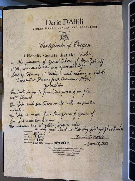 [認証証明書] STORIONI , Lorenzo 年 イタリア製バイオリン