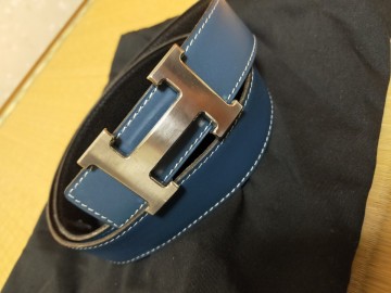 HERMES エルメス Hバックル リバーシブル ベルト ブルー　 ブラック シルバー