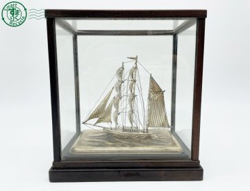 CD0706740　□ 1円～ SILVER STERLING 刻印 スターリングシルバー 銀細工 置物 帆船 船 工芸 ガラスケース 中古品 現状品 コレクション