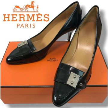 k46 良品 Vintage HERMES エルメス レザー パンプス ハイヒール フォーマル ビジネスシューズ BLACK 35 イタリア製 正規品 エナメル 革靴