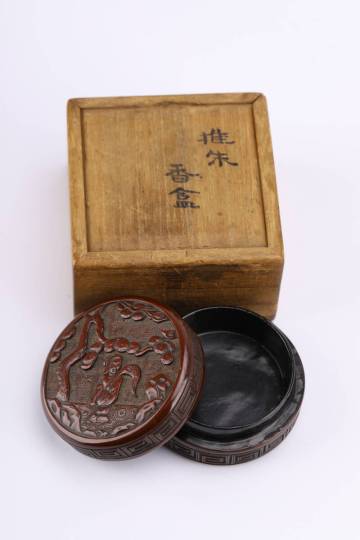 【京蔵】1円から 明時代 唐物 剔紅堆朱香合 内黒 箱付 剔紅 雕漆 中国古玩 茶道具 骨董 古美術 蓋物