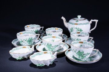【珍品堂】1円から ヘレンド HEREND インドの華 グリーン コーヒーカップセット 15点 洋食器 まとめ H11.3cm M-C32WT-CG