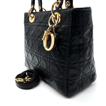 1円【高級品】Christian Dior ディオール レディディオール カナージュ 2way ショルダー ハンドバッグ ゴールド金具 ラムレザー ブラック