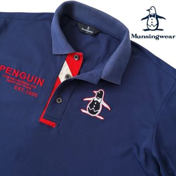 Munsingwear マンシングウェア 吸汗速乾 ビッグロゴ 半袖 ポロシャツ L ネイビー ブルー レッド ゴルフ デサント シャツ