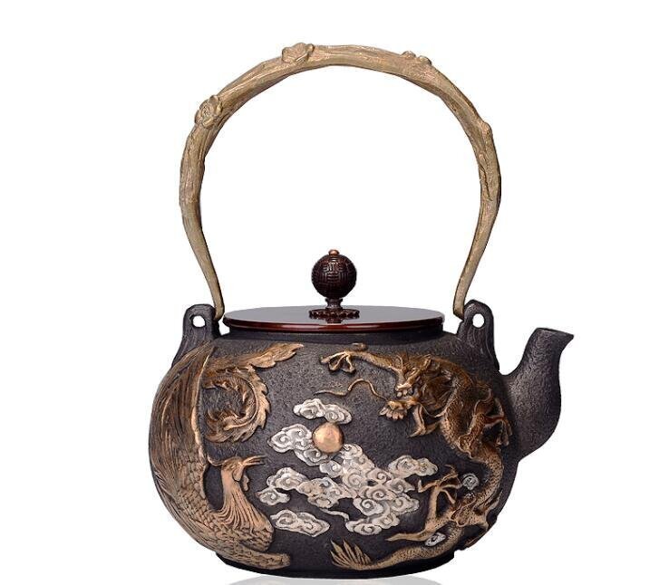 竜と鳳凰 鋳鉄製鉄瓶 南部鉄瓶 手作り コーティングなし 老鉄瓶 やかんを沸かす 提梁鉄瓶 お茶の道具 1.2L