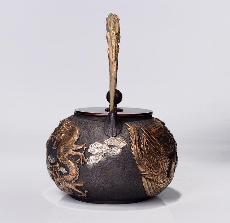 竜と鳳凰 鋳鉄製鉄瓶 南部鉄瓶 手作り コーティングなし 老鉄瓶 やかんを沸かす 提梁鉄瓶 お茶の道具 1.2L