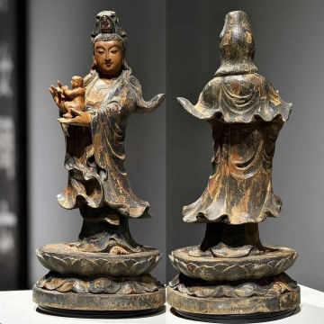 ★旧家蔵出し・時代物★W5160宋時代 楠木木彫 観音像 楠木細工彫刻 超絶技巧・仏像 仏教古美術 細密造 寺院収蔵品 