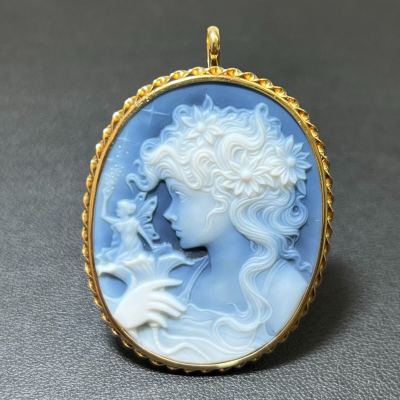 1円スタート ★美品★ カメオ ブローチ ペンダントトップ K18 ゴールド アクセサリー 女性 横顔 トップ ブルー系 だ18