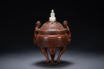 【雲錦】某収集家放出品 清時代 古竹彫 高浮彫双龍耳香爐 和田玉阿弥陀紋爐頂 材質保証 時代物保証 古美術 骨董品7L11-65S