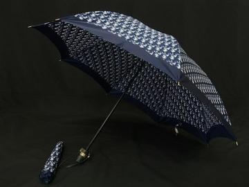 1円 ■美品■ ChristianDior ディオール トロッター 2段折り 折りたたみ傘 折り畳み傘 高級傘 アンブレラ 雨具 ネイビー系 FW3932