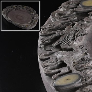 【加】1843o 中国美術 細密彫刻 雲龍図 端渓硯 大型 / 文房四宝 硯 書道具