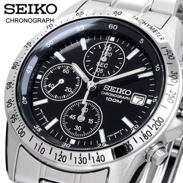 1円 セイコー 正規品 3年保証 SEIKO 海外モデル 黒 ブラック 逆輸入 タキメーター 新品 1/20秒 クロノグラフ 腕時計 純正箱付き