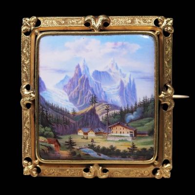 最高峰19世紀スイス製エナメル超細密画『ヴァッターホルン』18金ブローチ！幻想的山岳風景　魅惑の希少逸品宝飾！本物保証！