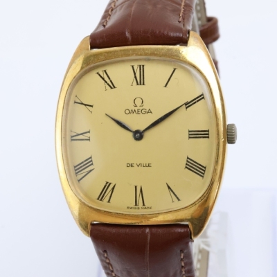 2605-542 HW オメガ デビル 手巻き式 腕時計 OMEGA 金色文字盤 ローマン数字 ゴールドカラー レザーベルト