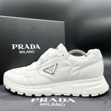1円 【美品】 PRADA プラダ トライアングルロゴ プレート Re-Nylon ブラッシュドレザー メンズ スニーカー 靴 シューズ ホワイト 27cm相当