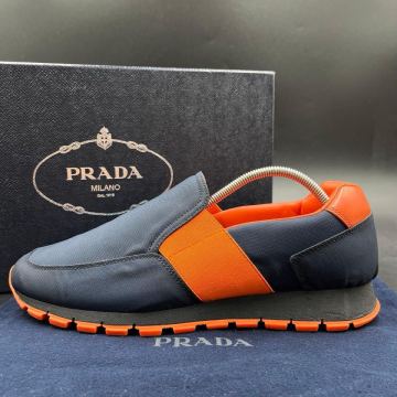 1円 【美品】 PRADA プラダ 【圧倒的存在感】 ネイビー オレンジ ナイロン メンズ スリッポン スニーカー 靴 シューズ 27cm相当