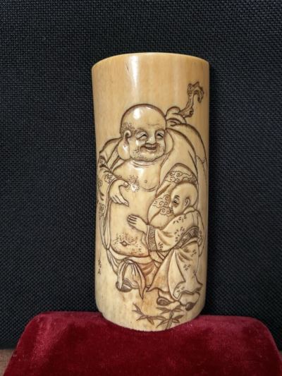【牙彫】茶合（茶量・茶則・仙媒）・『布袋と唐子』図・根付師『龍玉』作・煎茶道具