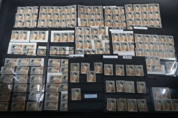 (986)日本切手 切手趣味週間 1956年 昭和31年 東洲斎写楽画 市川蝦蔵 約286枚 未使用消印付き 銘版付き 満月印 裏糊つや良好 保存状態良好