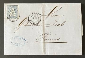 【スイス】 クラシック 1865年 10c切手（青）貼 クール差出 トゥルン宛 折畳み状国内商用便（グラウビュンデン州内便）エンタイア　＊美品