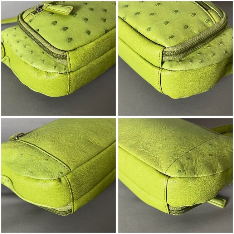 １円スタート オーストリッチ ダチョウ革 駝鳥革 2way ショルダーバッグ ウォレット ライム 黄緑 エキゾチックレザー L72.