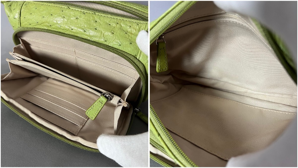 １円スタート オーストリッチ ダチョウ革 駝鳥革 2way ショルダーバッグ ウォレット ライム 黄緑 エキゾチックレザー L72.
