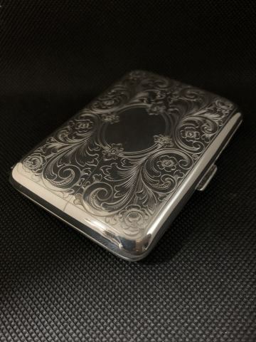 【美品】ドイツ製 純銀 925 シガレットケース 82.76g 比重テスト済 唐草彫刻 アンティーク タバコケース スターリングシルバー GERMANY