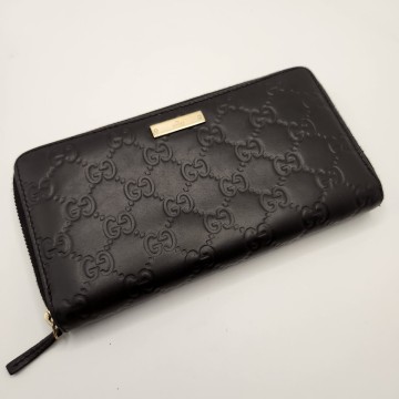 A68 美品　GUCCI グッチ シマ レザー ラウンドファスナー 長財布 GG柄 ブラック メンズ レディース
