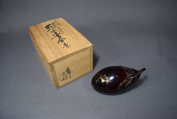 輪島塗 乾漆造り 茄子香合 塗師 川岸充雅 共箱 共布 ナス 香合 茶道具