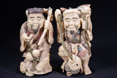 【珍品堂】1円から 大黒天 七福神 白材 中国美術 錦彩細密彫刻 時代物 古美術 骨董品 H14cm。重824g M-C77QS-SR5