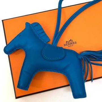 1円 美品 HERMES エルメス ロデオチャームMM ブルー系 レザー バッグアクセサリー キーホルダー AA刻印