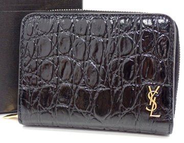 YSLロゴ 極美品 サンローラン 2つ折り財布 ラウンドファスナー クロコ型押し レザー ブラック ゴールド金具 SAINT LAURENT 635263 財布3514