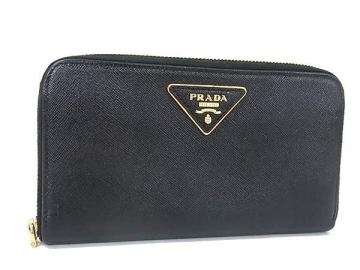 1円 PRADA プラダ サフィアーノレザー ラウンドファスナー 長財布 ウォレット 小銭入れ 札入れ カード入れ レディース ブラック系 FW5667