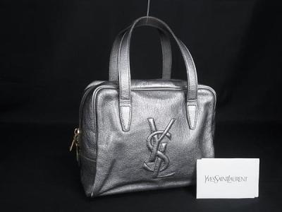 1円 ■美品■ YVESSAINTLAURENT イヴサンローラン レザー ハンドバッグ トートバッグ ミニバッグ レディース シルバー系 HA9126