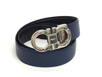 1円 ■美品■ Salvatore Ferragamo フェラガモ ダブルガンチーニ レザー シルバー金具 リバーシブル ベルト ブルー系&times;ブラック系 FX8376